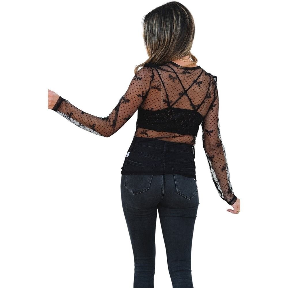 Black Bow Pattern Accent Mesh Long Sleeve Top New Size Medium - Picture 5 of 8